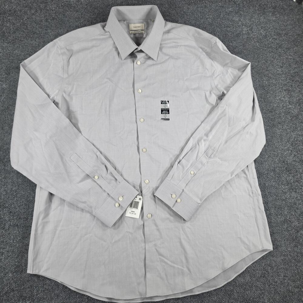 Calvin Klein Men's 2XL 18 34/35 Slim Fit Herringbone Dress Shirt Gray NWI